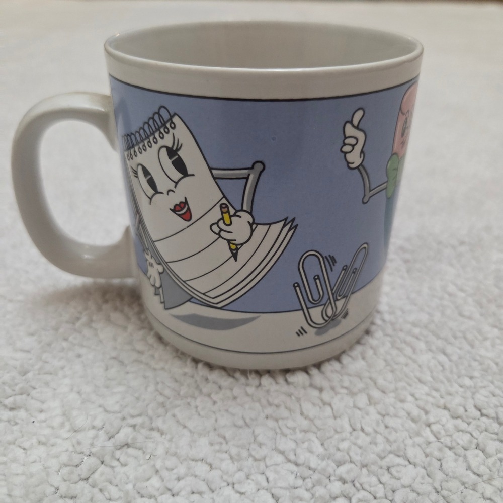 Vintage 1983 Teleflora Office Supplies Cartoon Mug Blue Ceramic Korea Retro